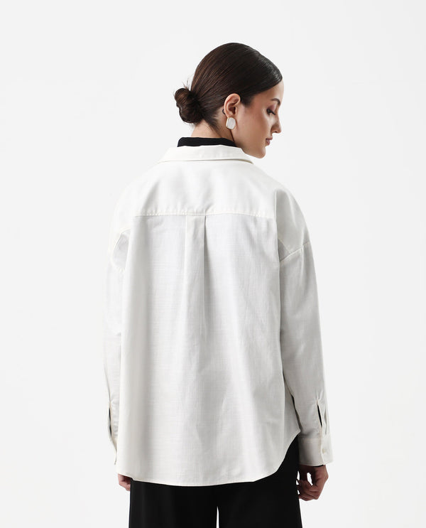 Rareism Women Epili White Cotton Fabric Button Closure Cotton Fabric Boxy Regular Shacket