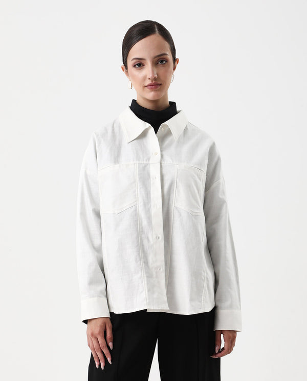 Rareism Women Epili White Cotton Fabric Button Closure Cotton Fabric Boxy Regular Shacket