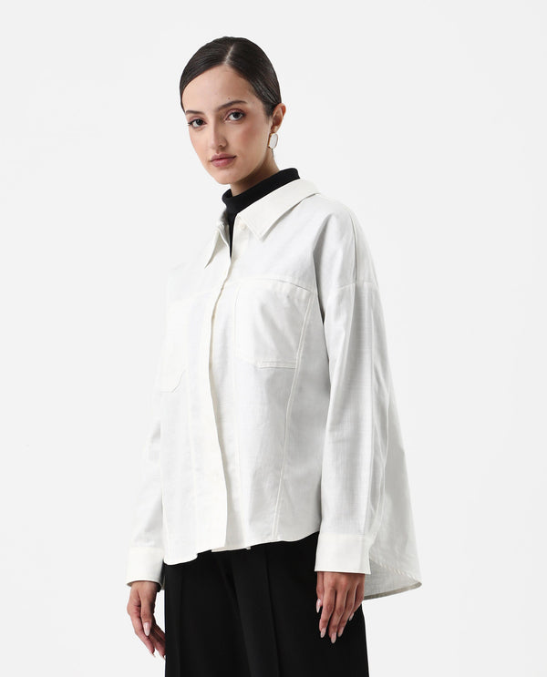 Rareism Women Epili White Cotton Fabric Button Closure Cotton Fabric Boxy Regular Shacket