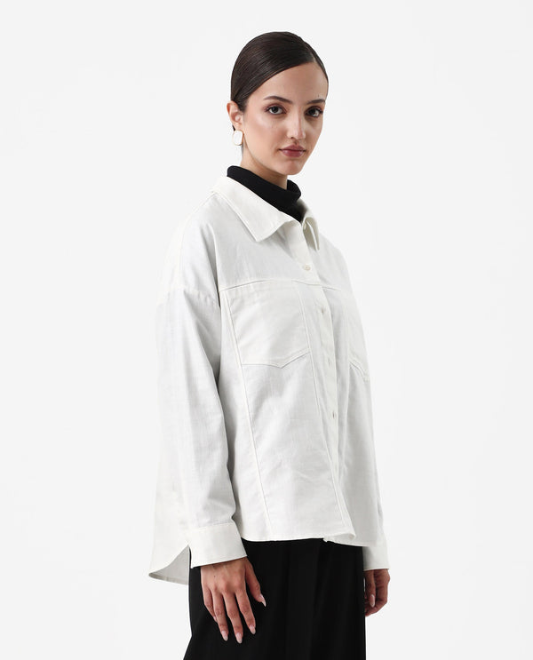 Rareism Women Epili White Cotton Fabric Button Closure Cotton Fabric Boxy Regular Shacket