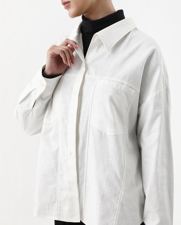 Rareism Women Epili White Cotton Fabric Button Closure Cotton Fabric Boxy Regular Shacket