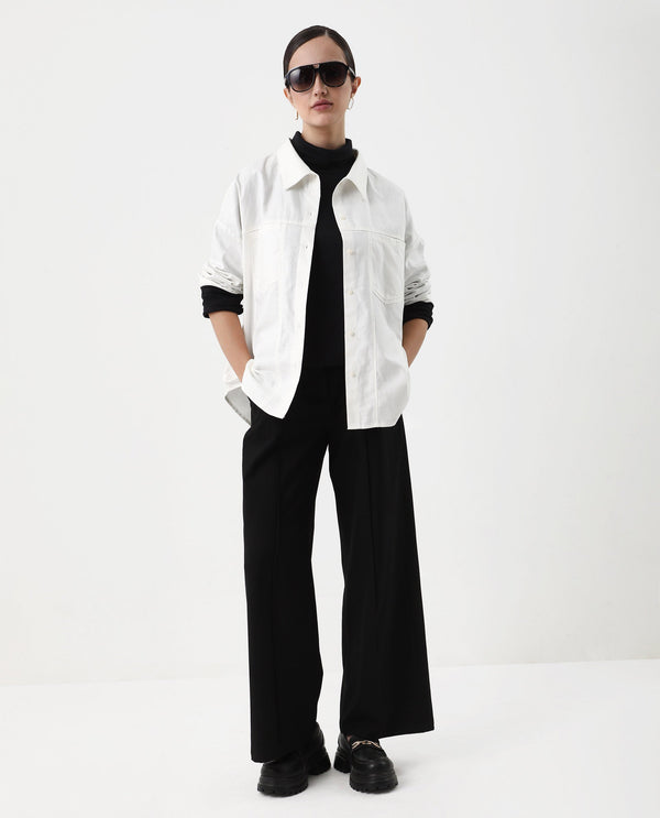 Rareism Women Epili White Cotton Fabric Button Closure Cotton Fabric Boxy Regular Shacket