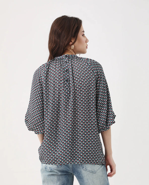 Rareism Women Epizo Teal Button Closure Satin Regular Regular Abstract Top