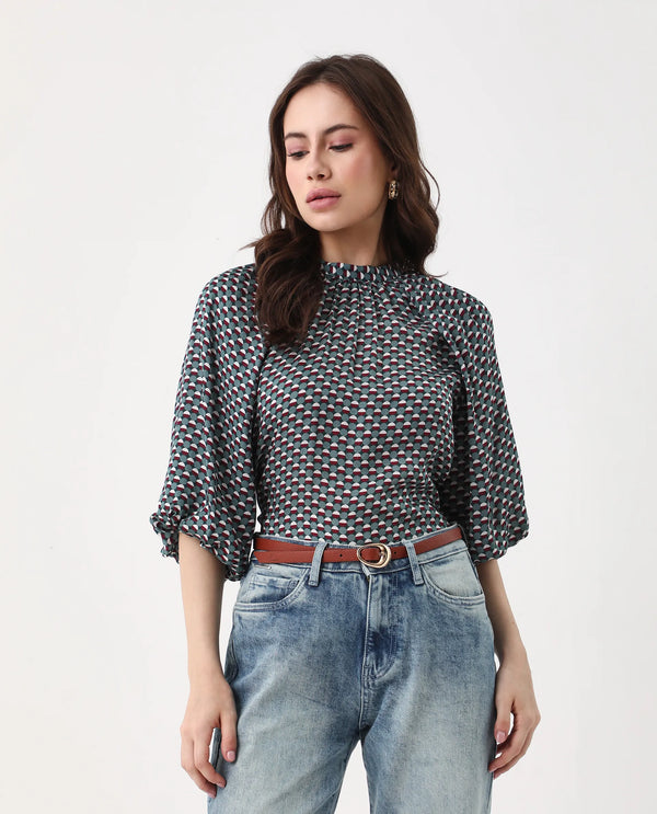 Rareism Women Epizo Teal Button Closure Satin Regular Regular Abstract Top