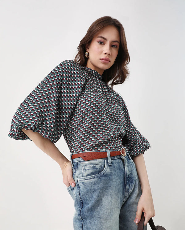 Rareism Women Epizo Teal Button Closure Satin Regular Regular Abstract Top