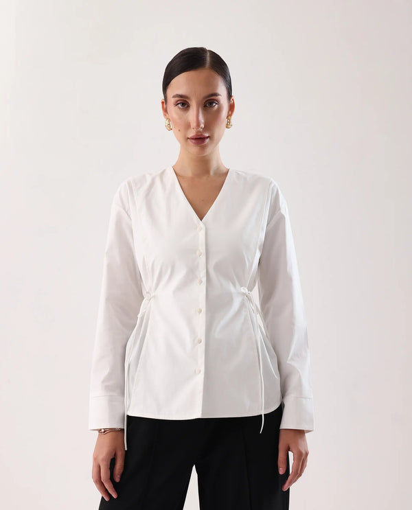 Rareism Women Epled White Button Closure Cotton Fabric Regular Top