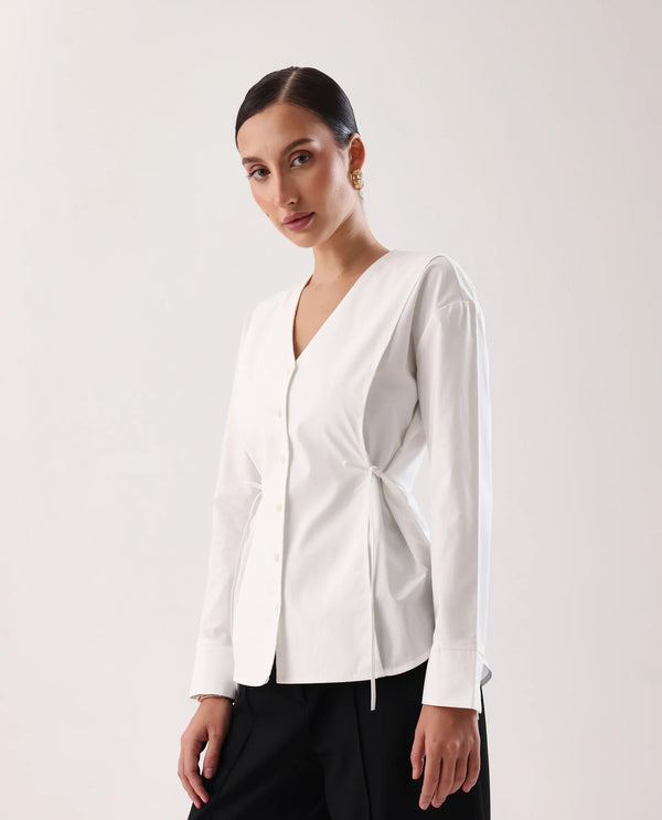 Rareism Women Epled White Button Closure Cotton Fabric Regular Top