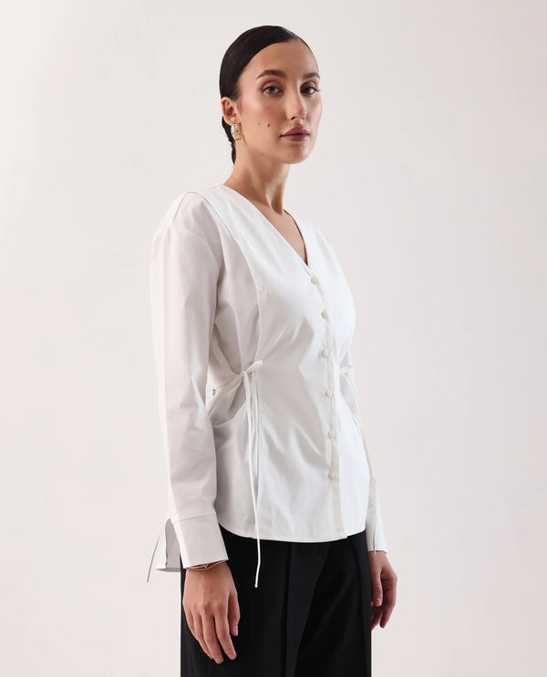 Rareism Women Epled White Button Closure Cotton Fabric Regular Top