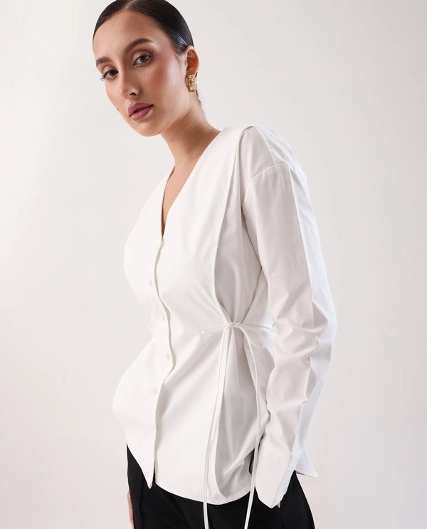 Rareism Women Epled White Button Closure Cotton Fabric Regular Top
