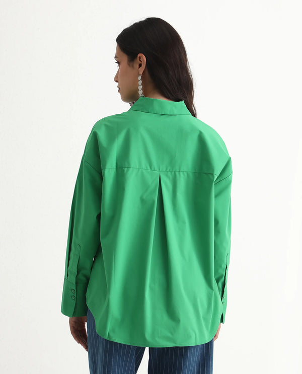 Rareism Women Epneto Green Button Closure Cotton Blend Boxy Regular Shirt