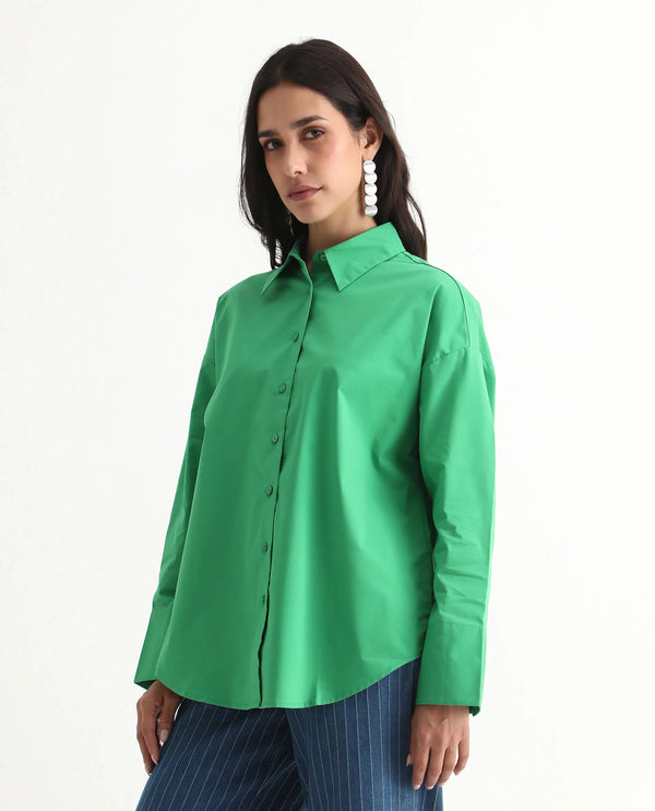 Rareism Women Epneto Green Button Closure Cotton Blend Boxy Regular Shirt