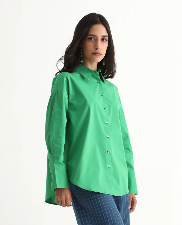 Rareism Women Epneto Green Button Closure Cotton Blend Boxy Regular Shirt