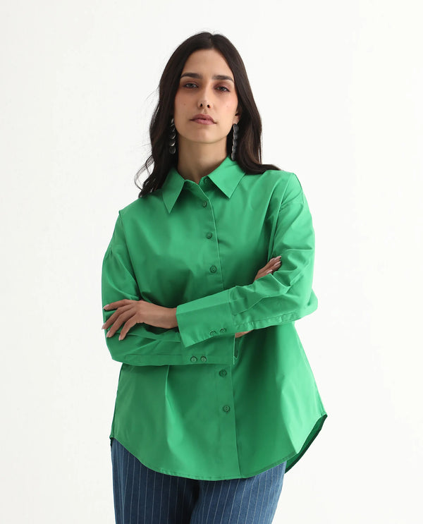 Rareism Women Epneto Green Button Closure Cotton Blend Boxy Regular Shirt