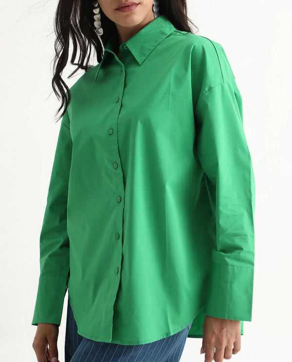 Rareism Women Epneto Green Button Closure Cotton Blend Boxy Regular Shirt