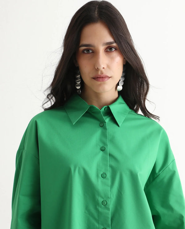 Rareism Women Epneto Green Button Closure Cotton Blend Boxy Regular Shirt