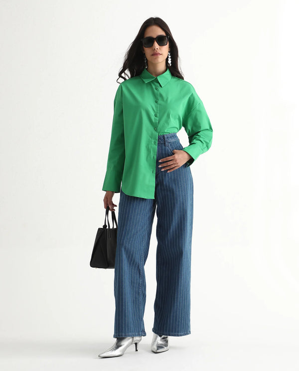 Rareism Women Epneto Green Button Closure Cotton Blend Boxy Regular Shirt