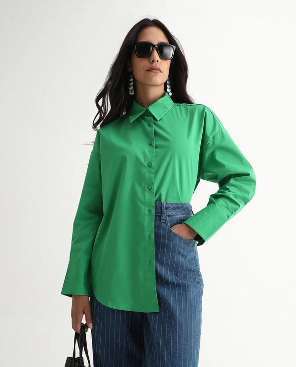 Rareism Women Epneto Green Button Closure Cotton Blend Boxy Regular Shirt