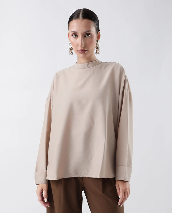 Rareism Women Epsis Beige Button Closure Polyester Oversized Regular Top