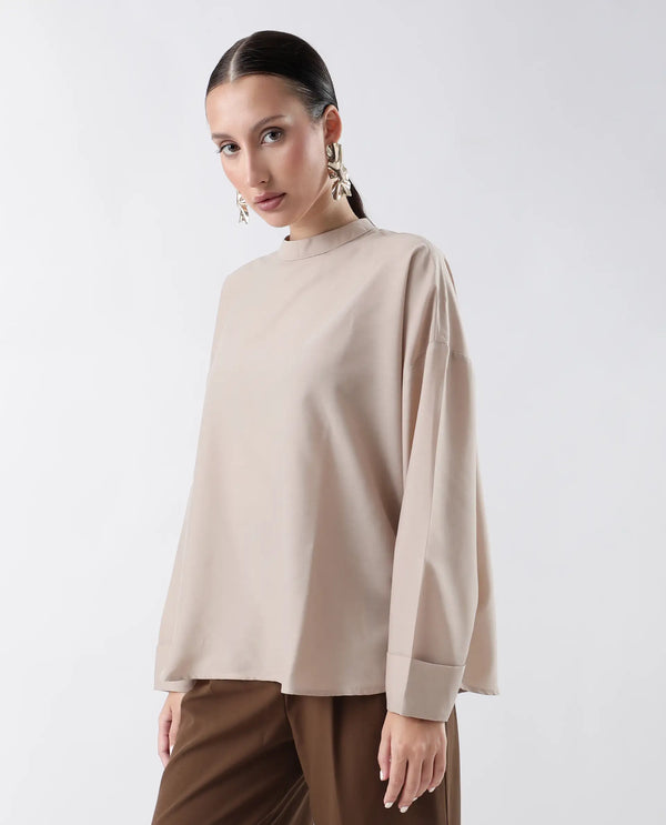 Rareism Women Epsis Beige Button Closure Polyester Oversized Regular Top