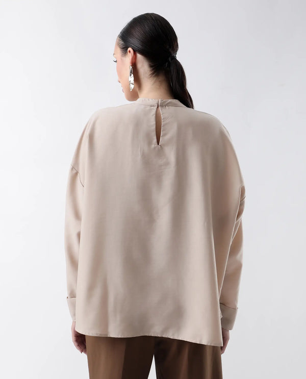 Rareism Women Epsis Beige Button Closure Polyester Oversized Regular Top