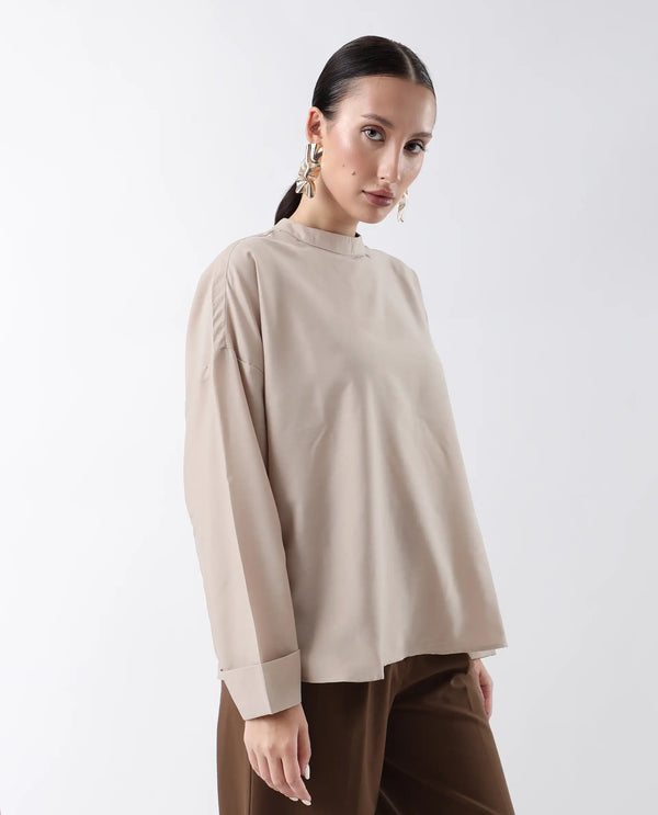 Rareism Women Epsis Beige Button Closure Polyester Oversized Regular Top
