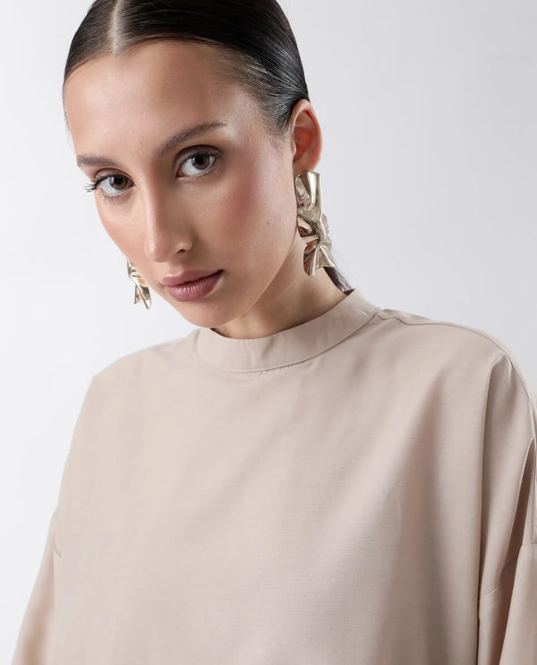 Rareism Women Epsis Beige Button Closure Polyester Oversized Regular Top