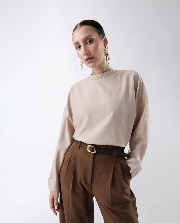 Rareism Women Epsis Beige Button Closure Polyester Oversized Regular Top