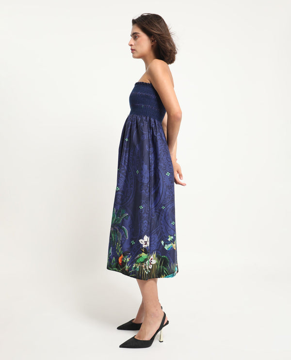 Rareism Women's Ergen Blue Cotton Fabric Tube Neck   Floral Print Fit And Flare Midi Dress