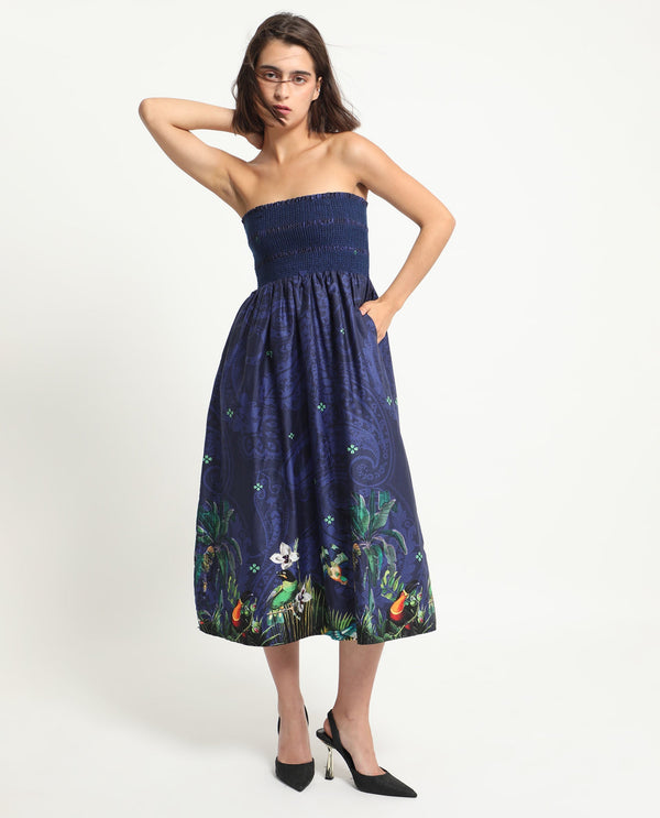 Rareism Women's Ergen Blue Cotton Fabric Tube Neck   Floral Print Fit And Flare Midi Dress