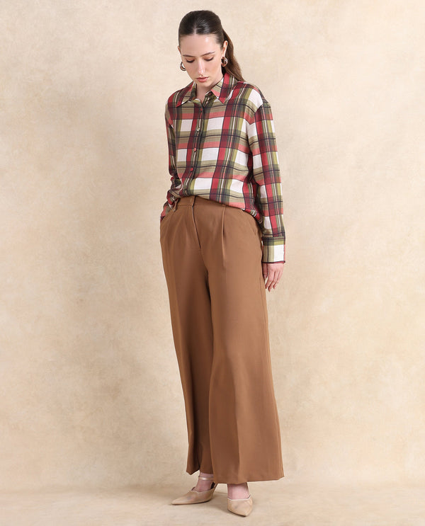 Rareism Women Erica Beige Button Closure Wide Fit Ankle Length Plain Trouser