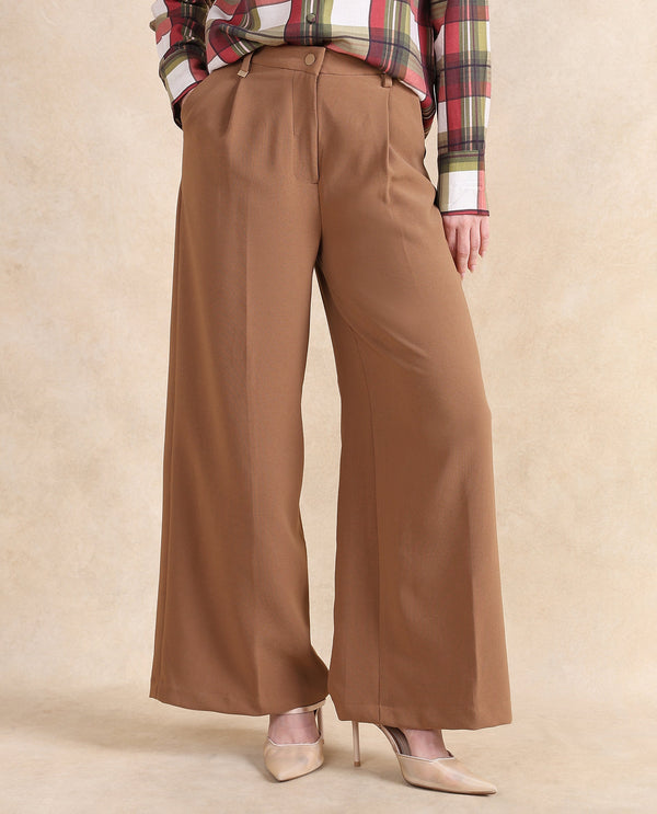 Rareism Women Erica Beige Button Closure Wide Fit Ankle Length Plain Trouser