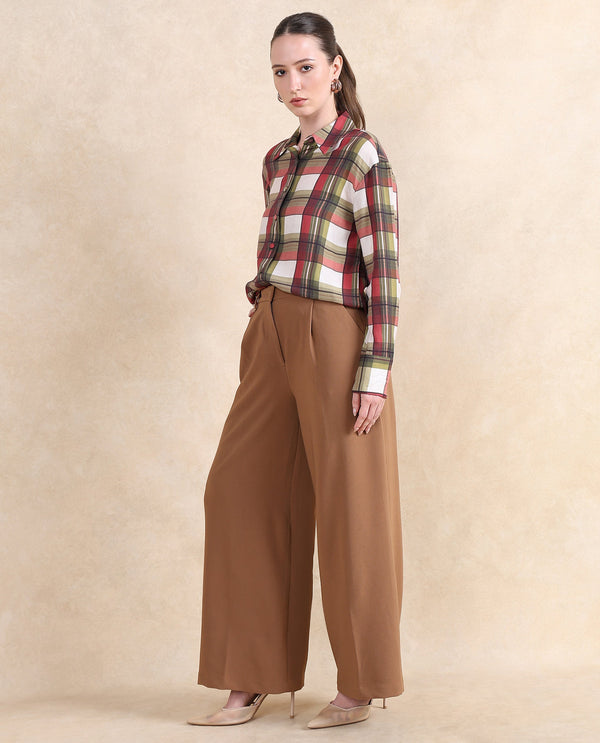 Rareism Women Erica Beige Button Closure Wide Fit Ankle Length Plain Trouser