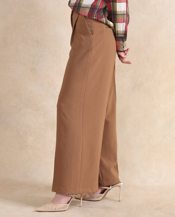 Rareism Women Erica Beige Button Closure Wide Fit Ankle Length Plain Trouser