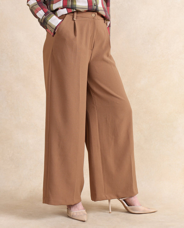 Rareism Women Erica Beige Button Closure Wide Fit Ankle Length Plain Trouser