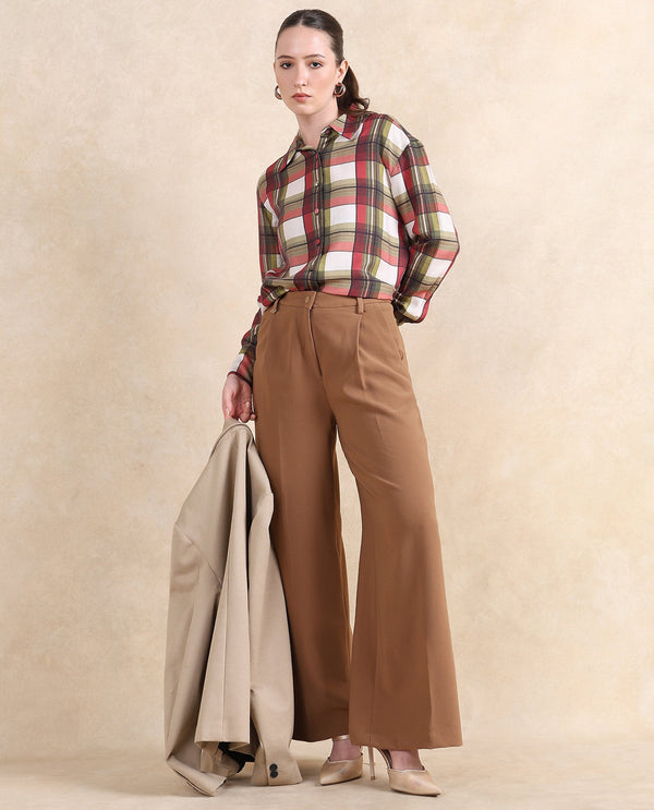 Rareism Women Erica Beige Button Closure Wide Fit Ankle Length Plain Trouser