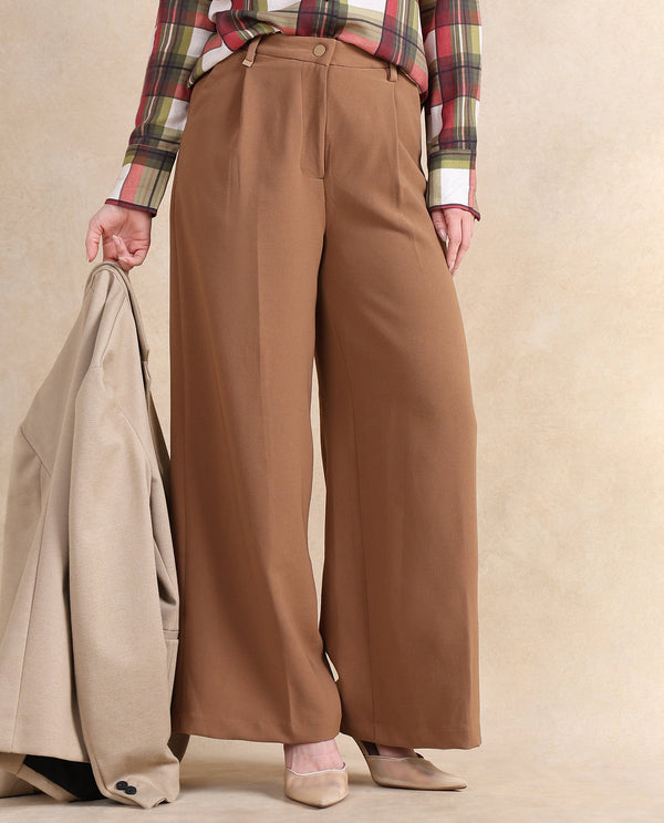 Rareism Women Erica Beige Button Closure Wide Fit Ankle Length Plain Trouser