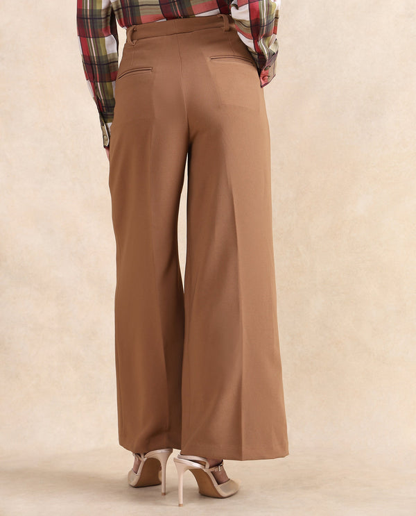 Rareism Women Erica Beige Button Closure Wide Fit Ankle Length Plain Trouser