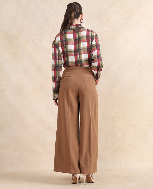 Rareism Women Erica Beige Button Closure Wide Fit Ankle Length Plain Trouser