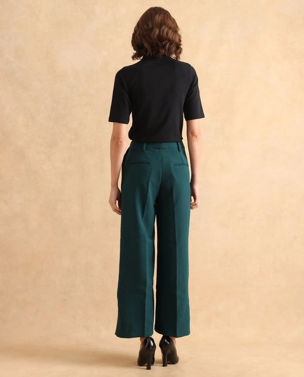 Rareism Women Erica Green Button Closure Wide Fit Ankle Length Plain Trouser