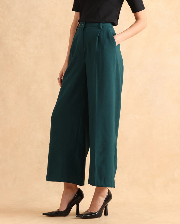 Rareism Women Erica Green Button Closure Wide Fit Ankle Length Plain Trouser