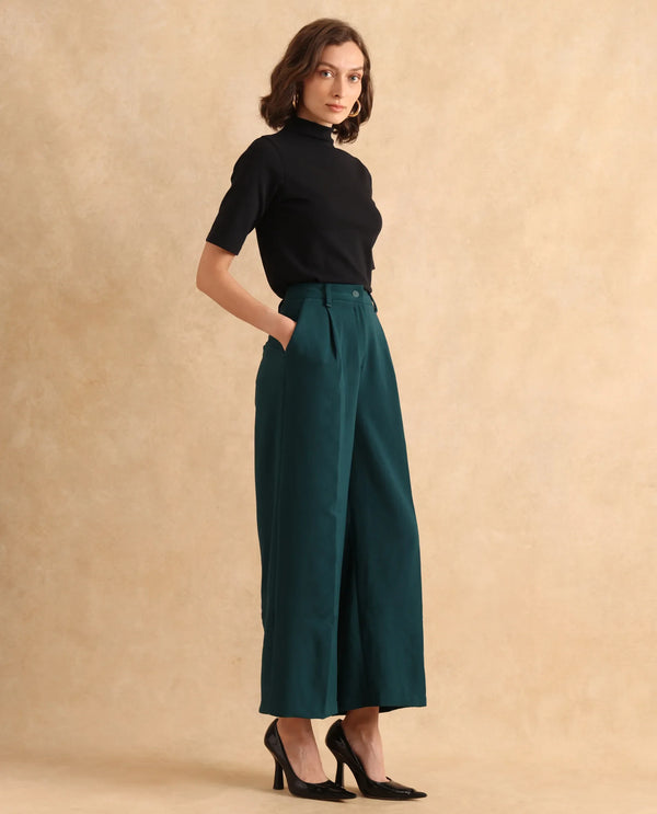 Rareism Women Erica Green Button Closure Wide Fit Ankle Length Plain Trouser