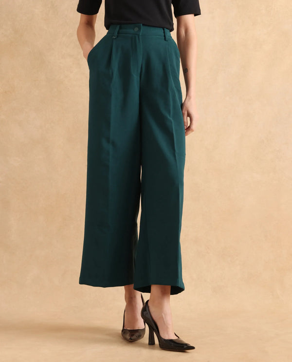 Rareism Women Erica Green Button Closure Wide Fit Ankle Length Plain Trouser