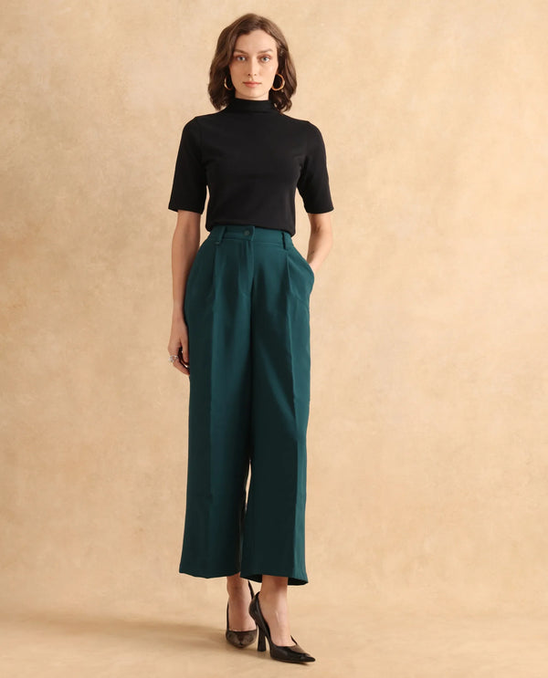 Rareism Women Erica Green Button Closure Wide Fit Ankle Length Plain Trouser