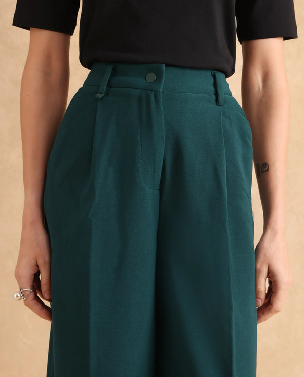 Rareism Women Erica Green Button Closure Wide Fit Ankle Length Plain Trouser