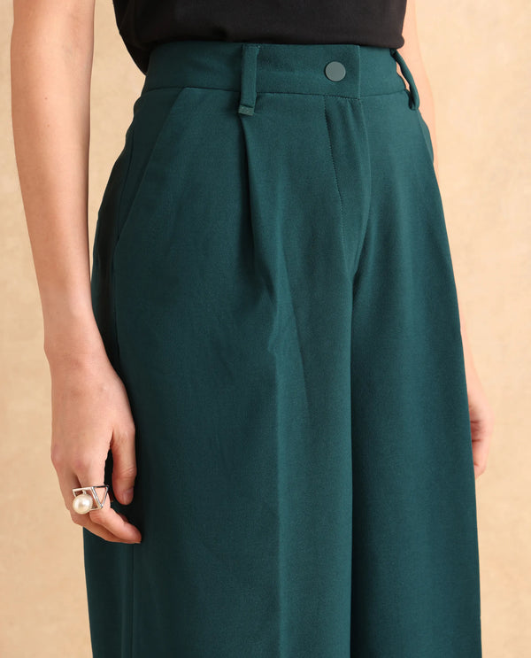 Rareism Women Erica Green Button Closure Wide Fit Ankle Length Plain Trouser