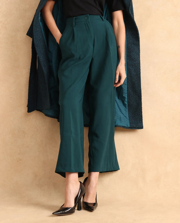 Rareism Women Erica Green Button Closure Wide Fit Ankle Length Plain Trouser