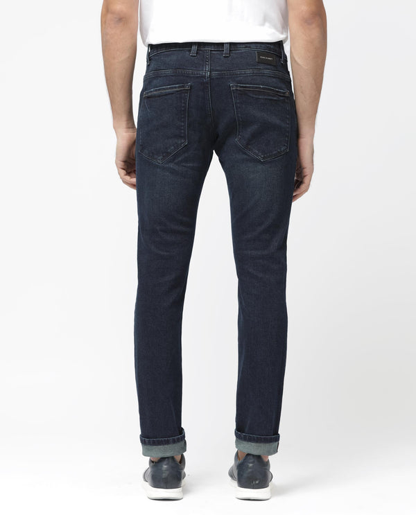 Rare Rabbit Men's Erie Dusky Blue Slim Fit Mid Rise Mid Wash With Mild Whisker Distress Jeans