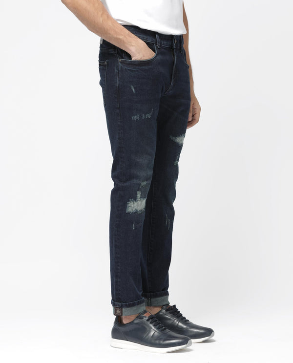 Rare Rabbit Men's Erie Dusky Blue Slim Fit Mid Rise Mid Wash With Mild Whisker Distress Jeans