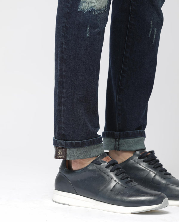 Rare Rabbit Men's Erie Dusky Blue Slim Fit Mid Rise Mid Wash With Mild Whisker Distress Jeans