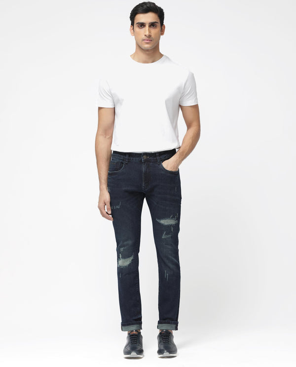Rare Rabbit Men's Erie Dusky Blue Slim Fit Mid Rise Mid Wash With Mild Whisker Distress Jeans